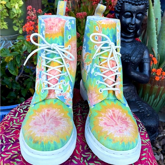 Dr. Martens Retro Tie Dye Colorful Boho Floral Canvas Vegan Boots - Picture 2 of 14